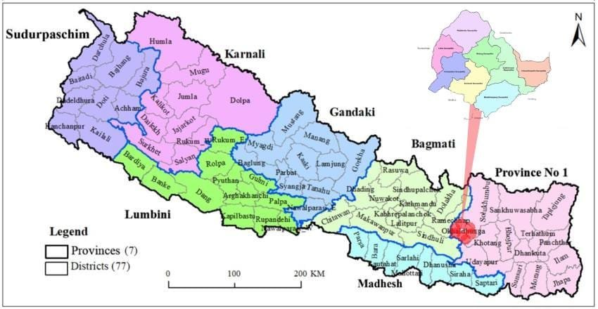 map of Nepal showing the seven provinces and 77 districts